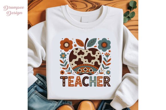 Boho Cow Print Apple Teacher PNG Clipart